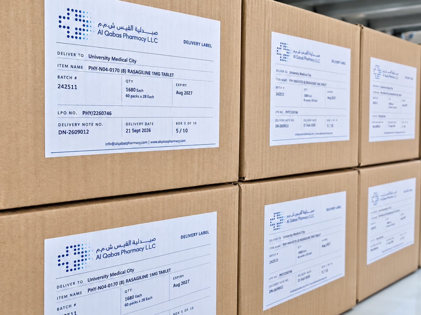 Boxes labelled for delivery to a hospital