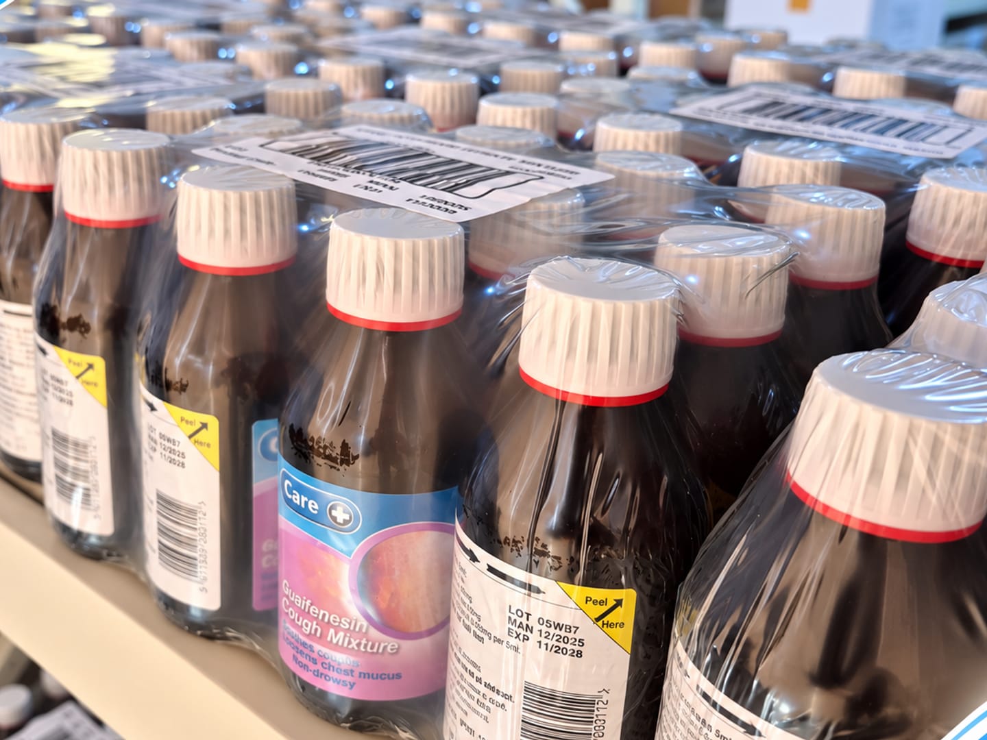 Bottled medicines wrapped and shelved in the warehouse