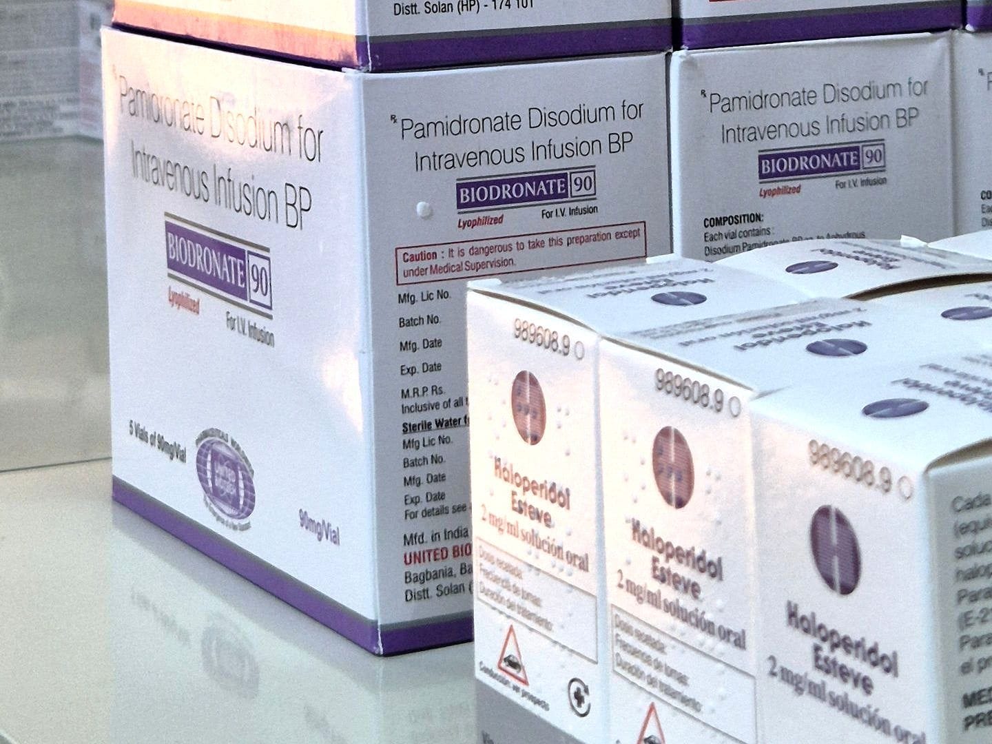 Boxed injectable and oral medicines ready for distribution