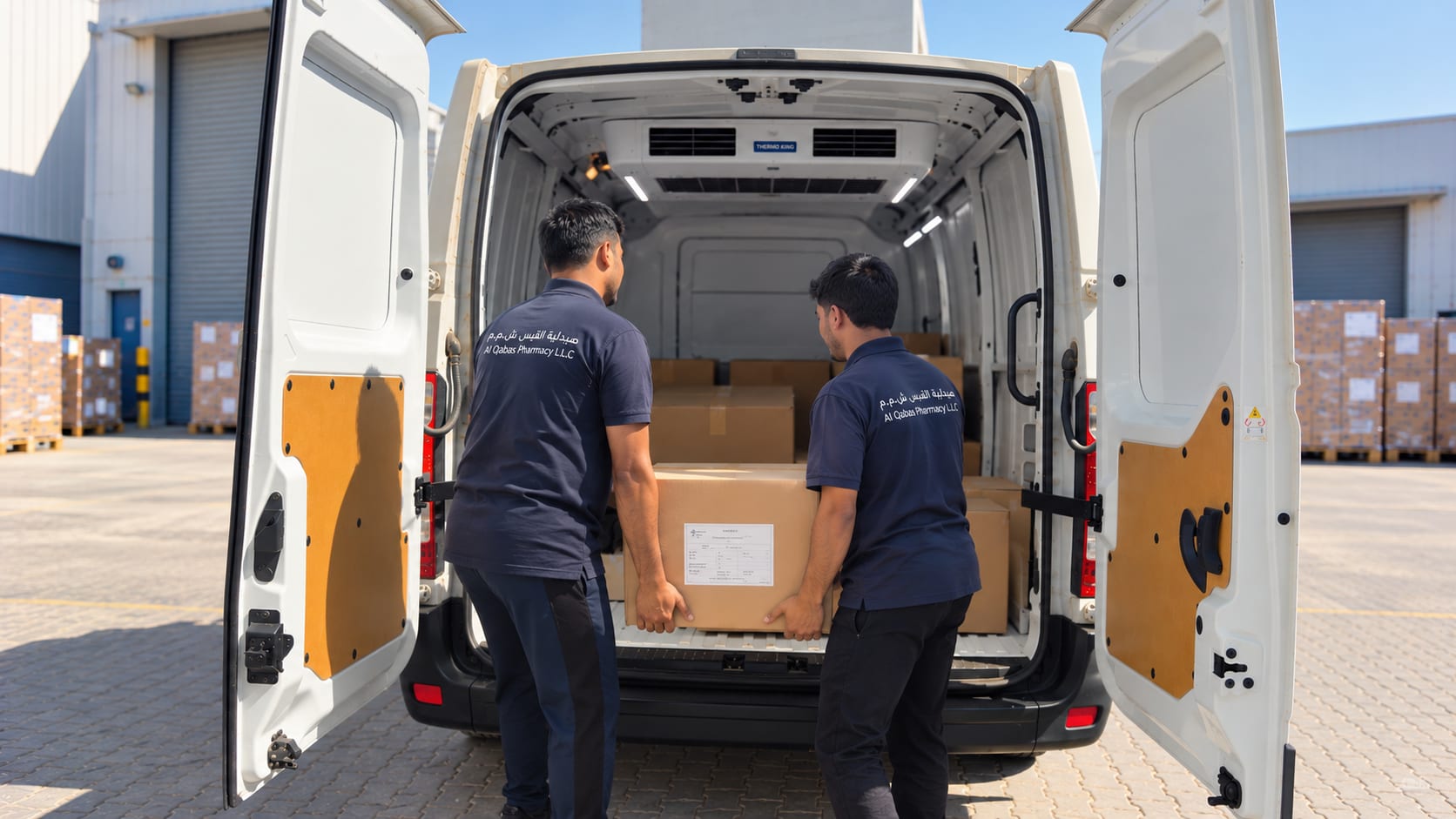 Al Qabas staff loading medicines into a temperature controlled delivery van